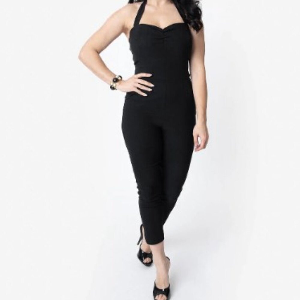 Unique Vintage 1950s Black Halter Marcel Jumpsuit XL 14 NWT